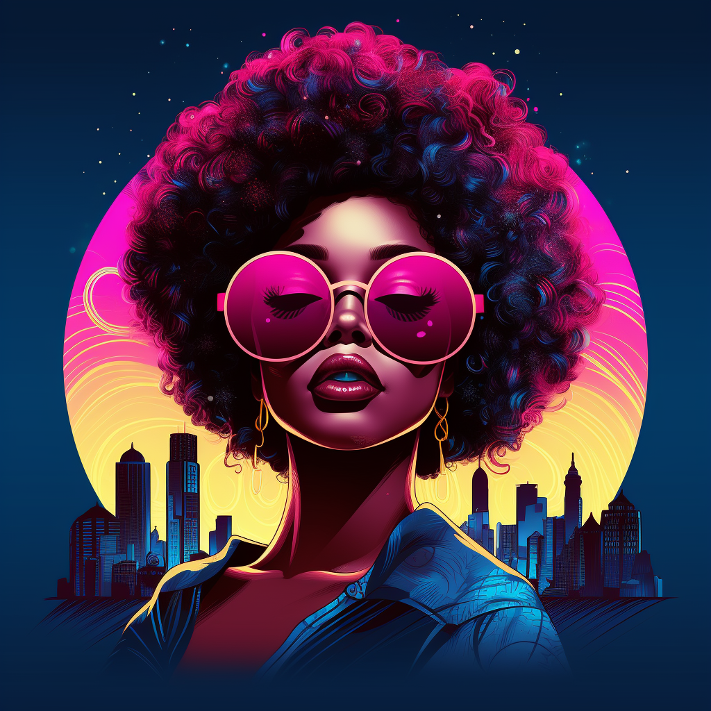 Retrowave neon city afro portrait — cyan skyline