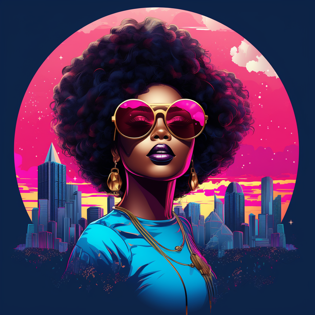 Retrowave pink sunset afro — neon city silhouette