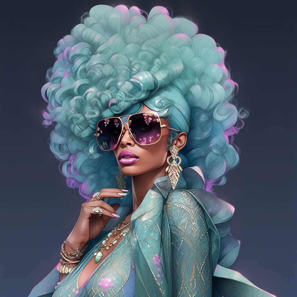 Couture portrait — blue purple afro, warm editorial glow