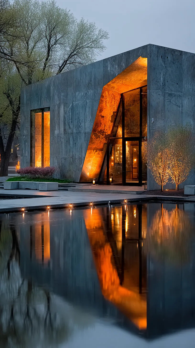 Concrete pavilion cantilevered over reflecting pool at civil twilight — tilt-shift focus on entry, warm interior glow against indigo sky, bilateral symmetry