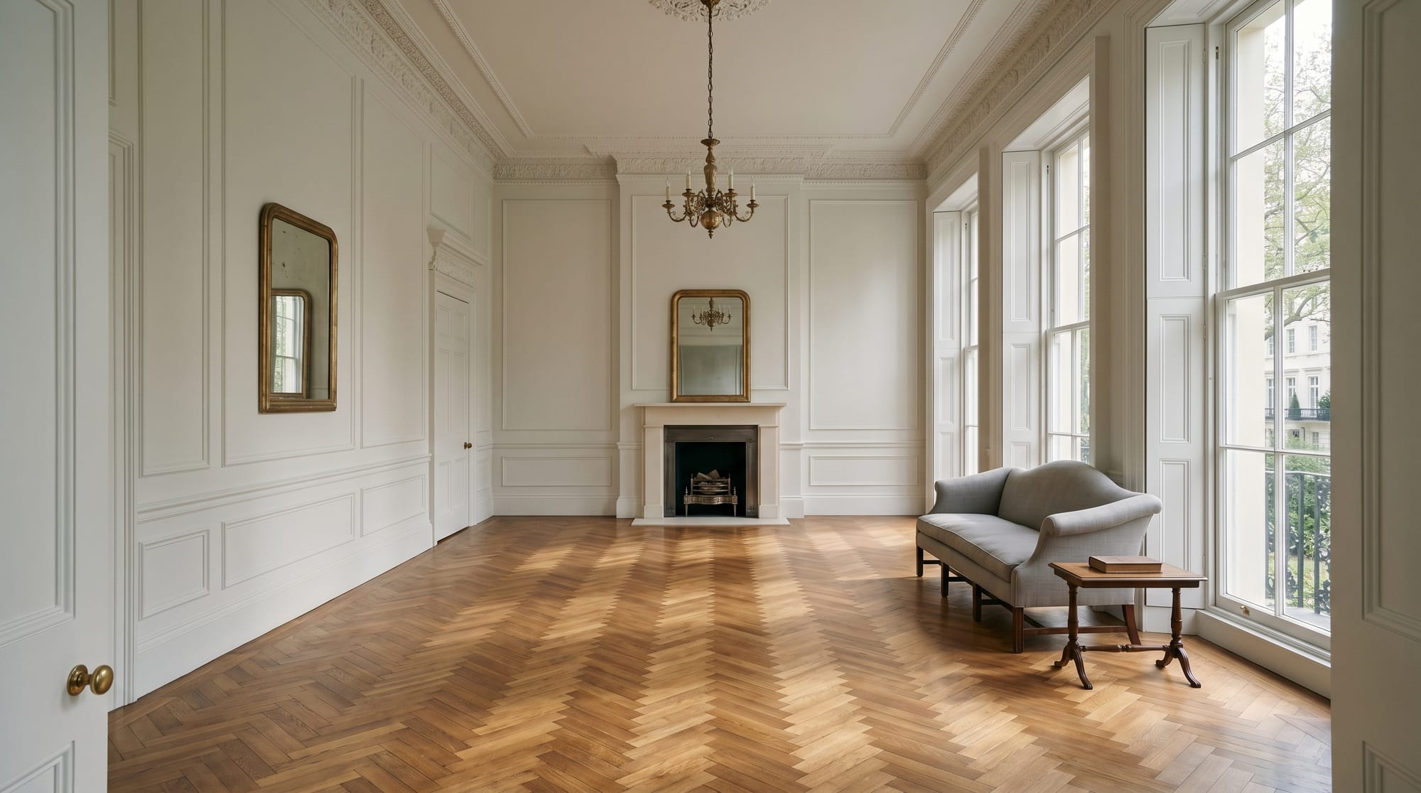 The piano nobile drawing room on the first floor — formal reception, north light onto the square.
