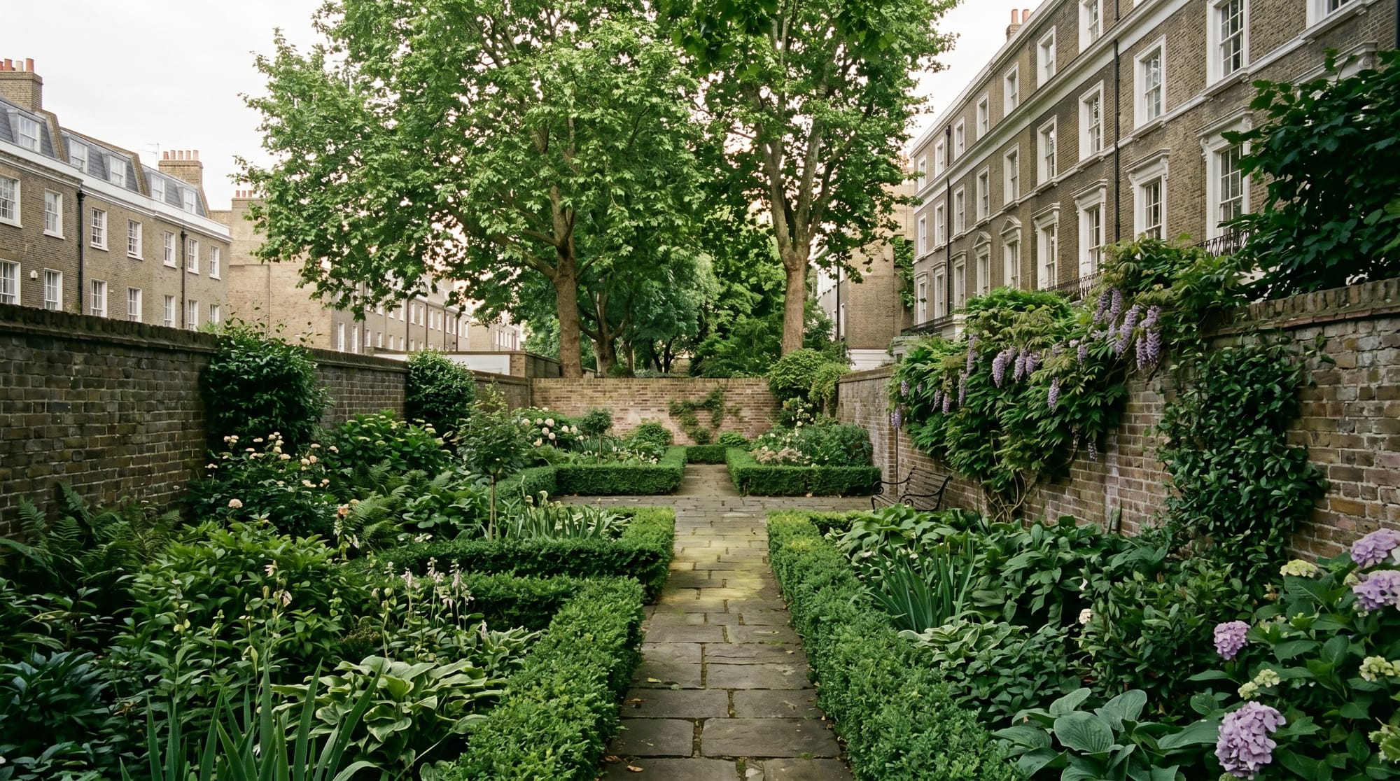 The south-west walled garden — soft mixed border in the English tradition, mature plane tree, 1828 stock-brick walls.