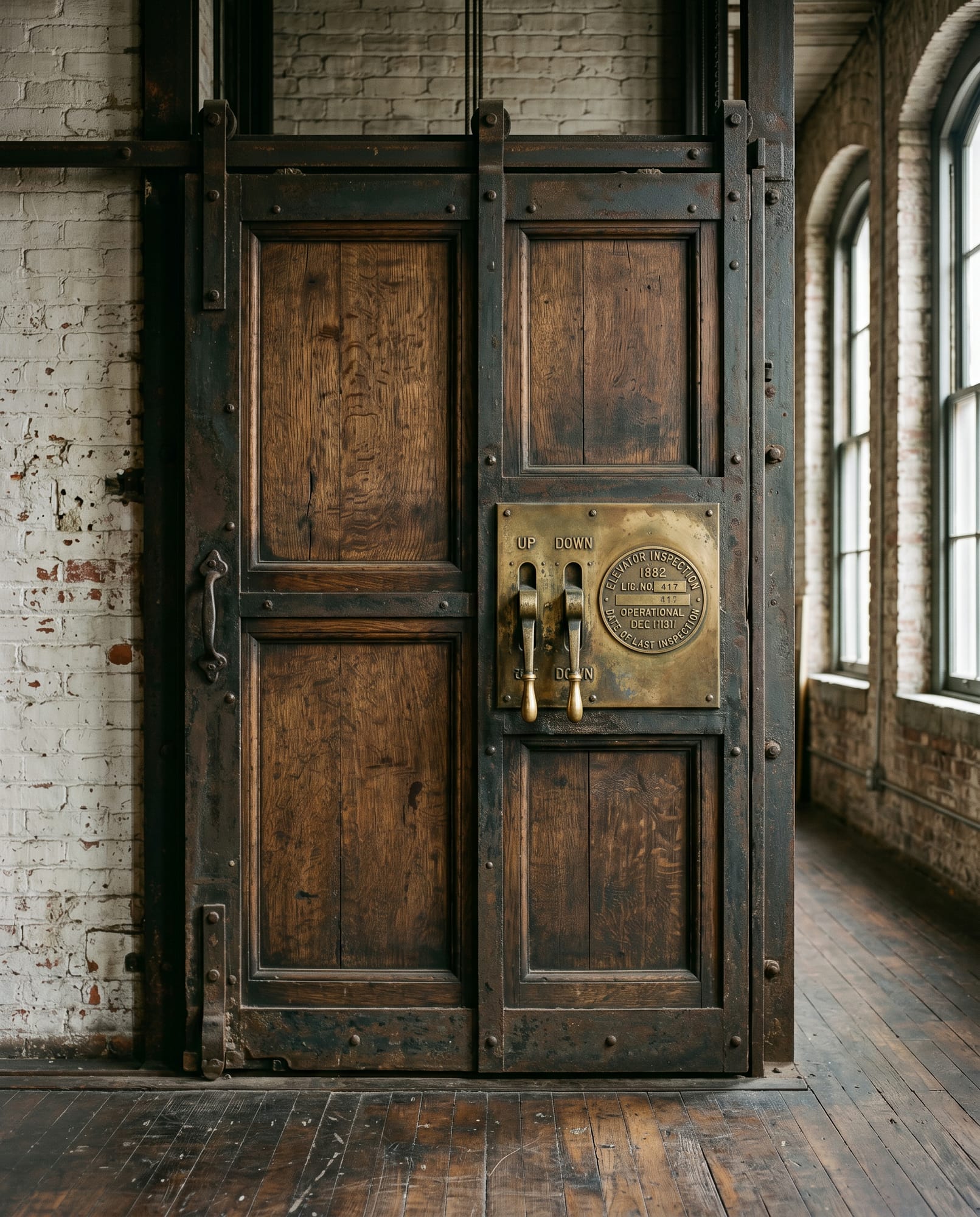 The original 1882 freight elevator — iron-and-timber sliding door, brass operating levers, still operational.