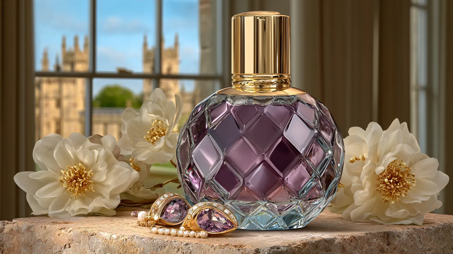 RITUEL DE SOIE — faceted purple crystal bottle with peonies and castle window