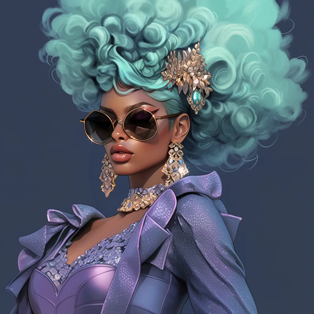 Blue purple afro editorial couture — gold necklace, teal jacket