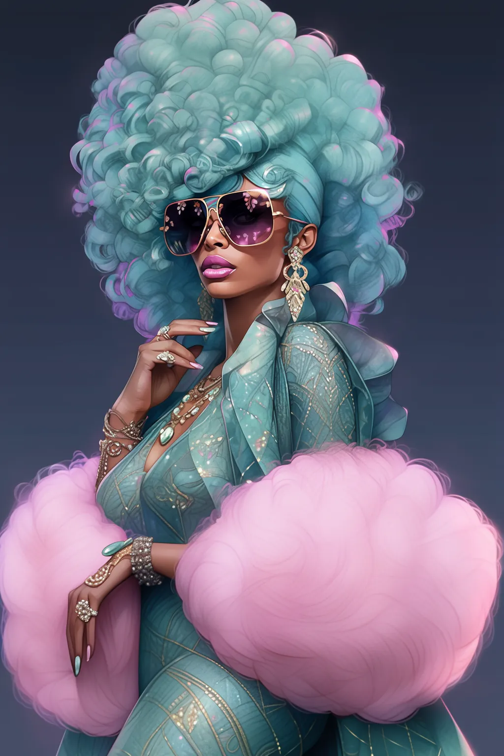 Blue purple afro editorial — gold jewelry, dark background