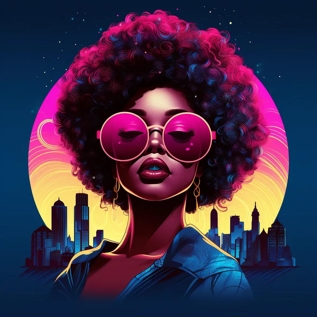 Retrowave neon city afro portrait — cyan skyline