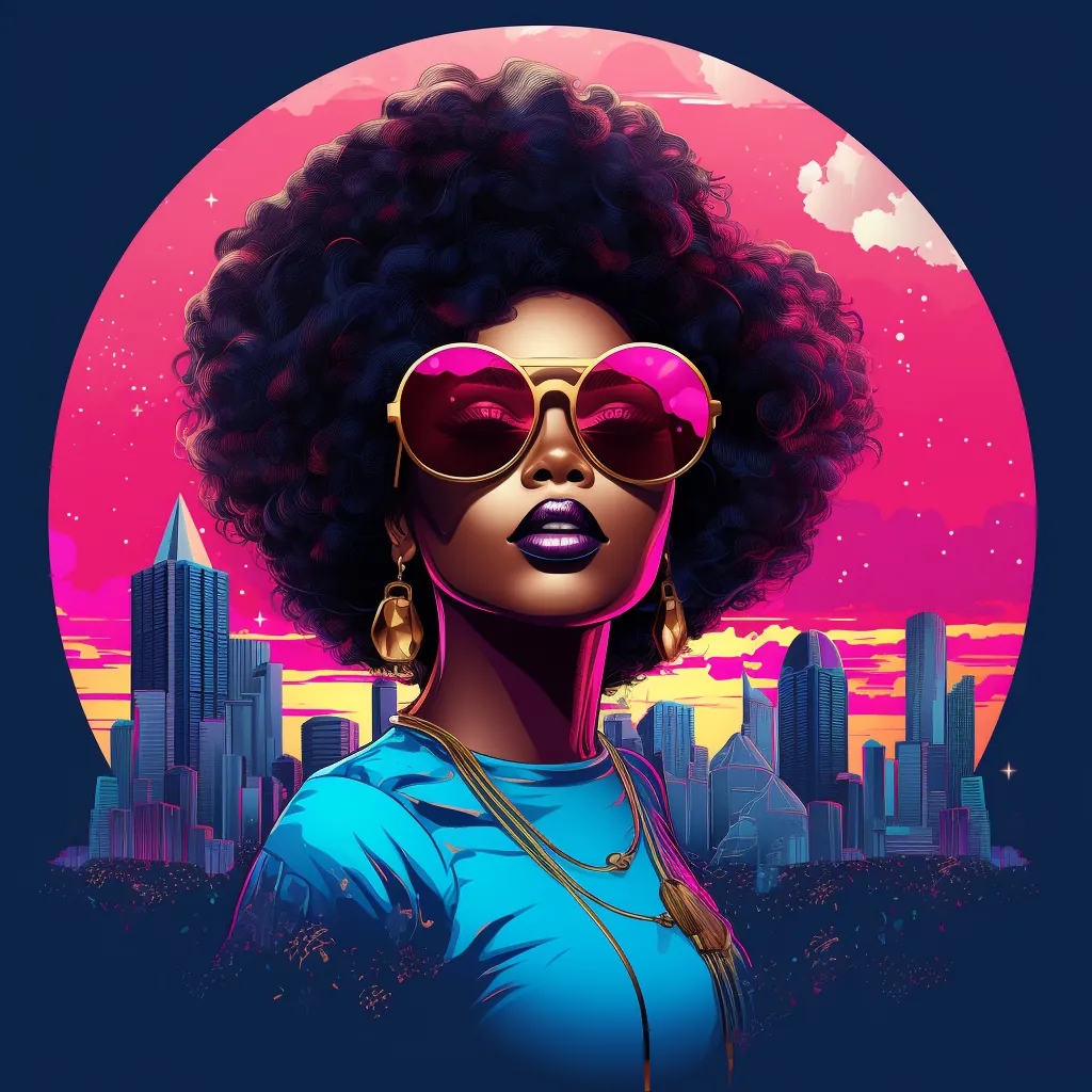 Retrowave pink sunset afro — neon city silhouette
