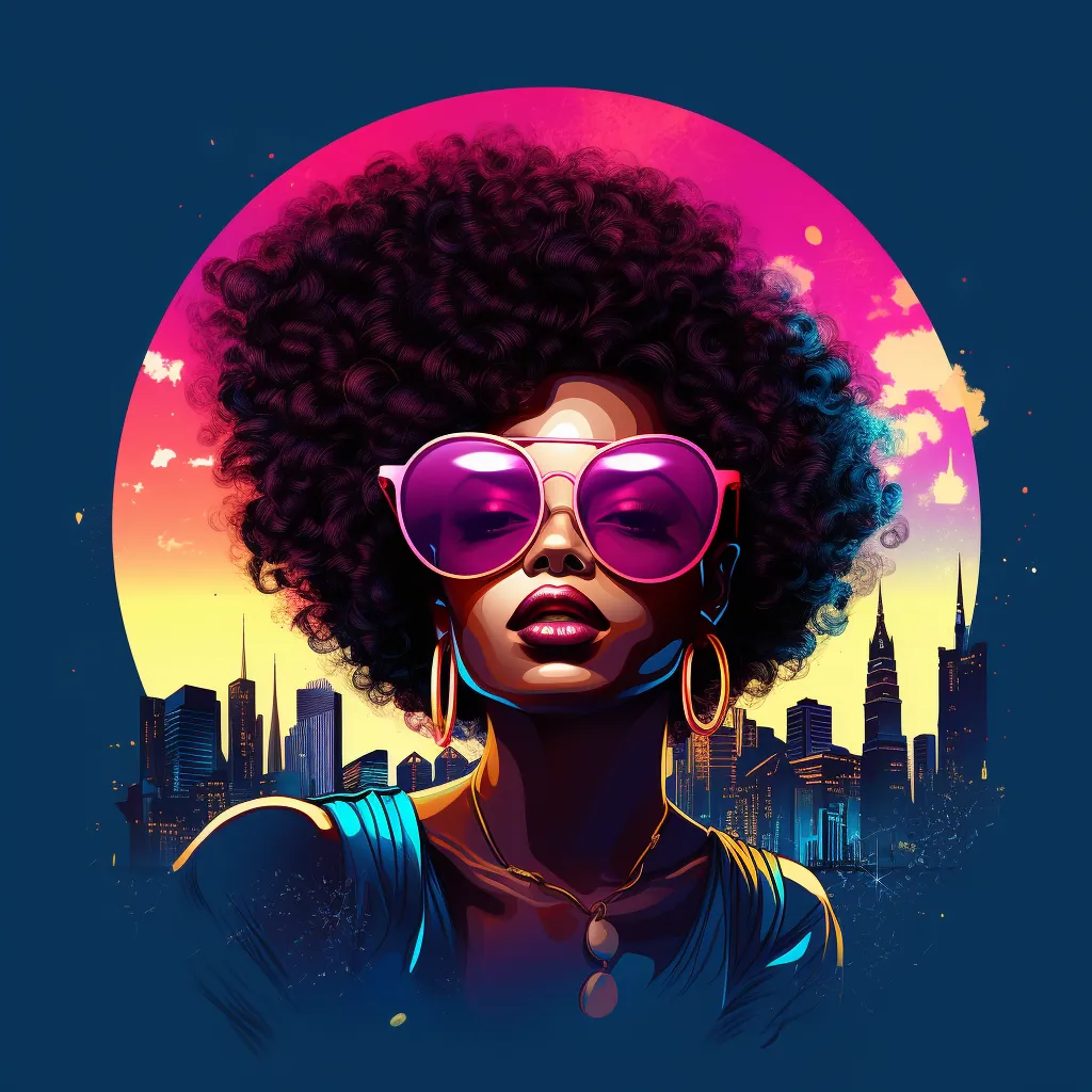 Retrowave cyan afro — neon cityscape, cool register