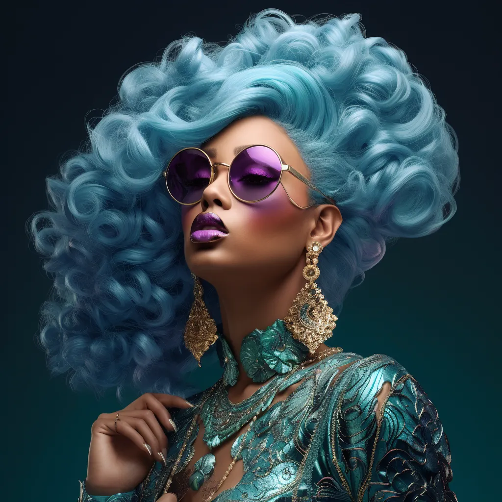 Teal volume afro — purple sunglasses, ornate embellished jacket