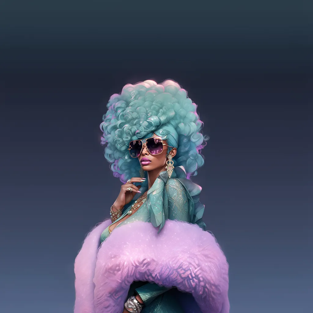 Couture editorial — blue afro, warm expression
