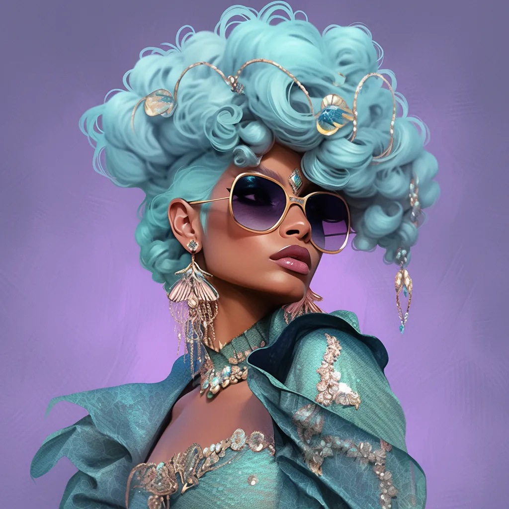 Blue purple afro close editorial — purple sunglasses, gold earrings