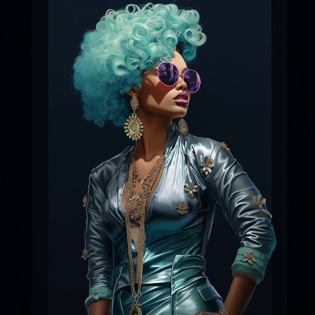 Editorial portrait — silver metallic suit, purple tinted sunglasses