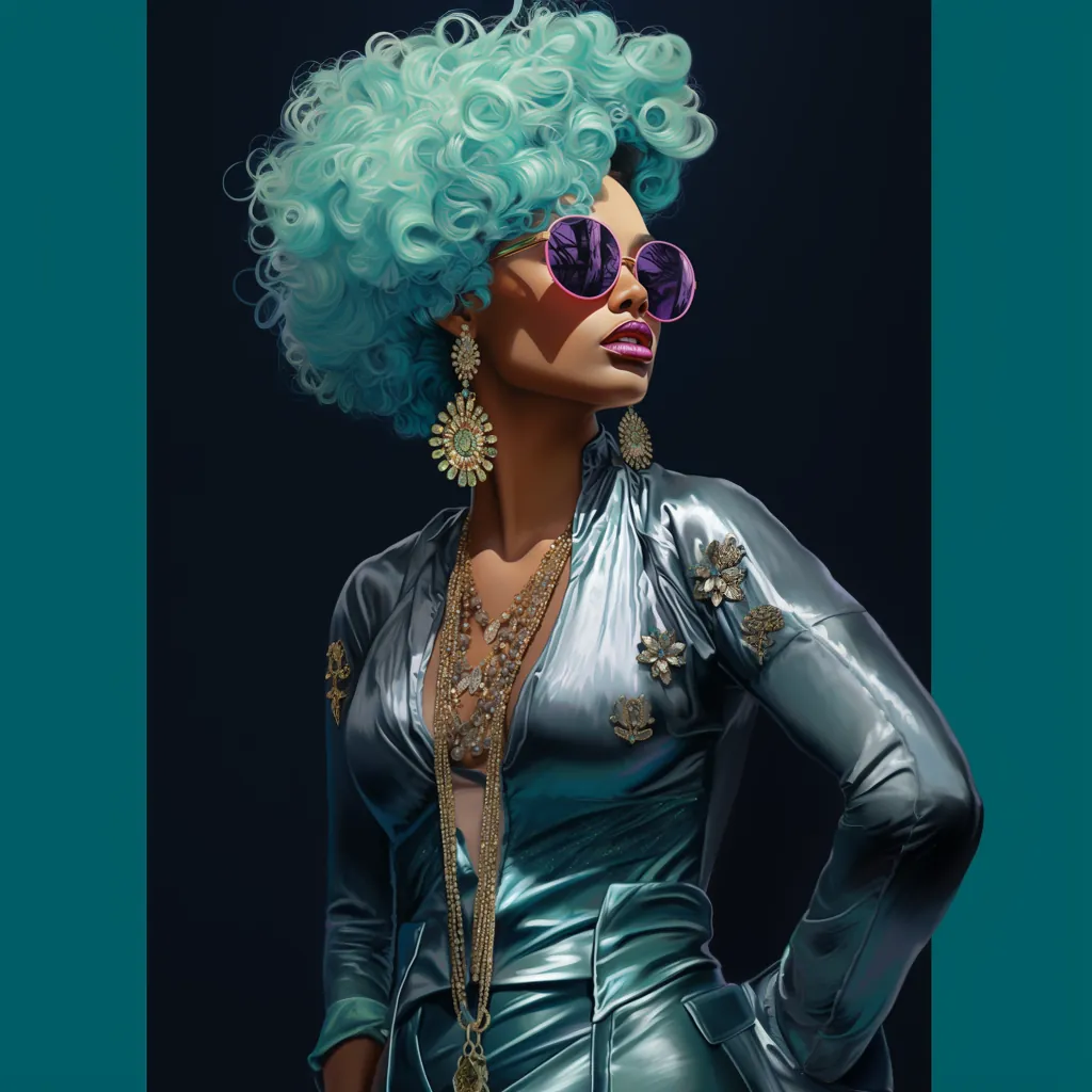 Black woman with blue purple hair, sunglasses, metallic — editorial variant 2