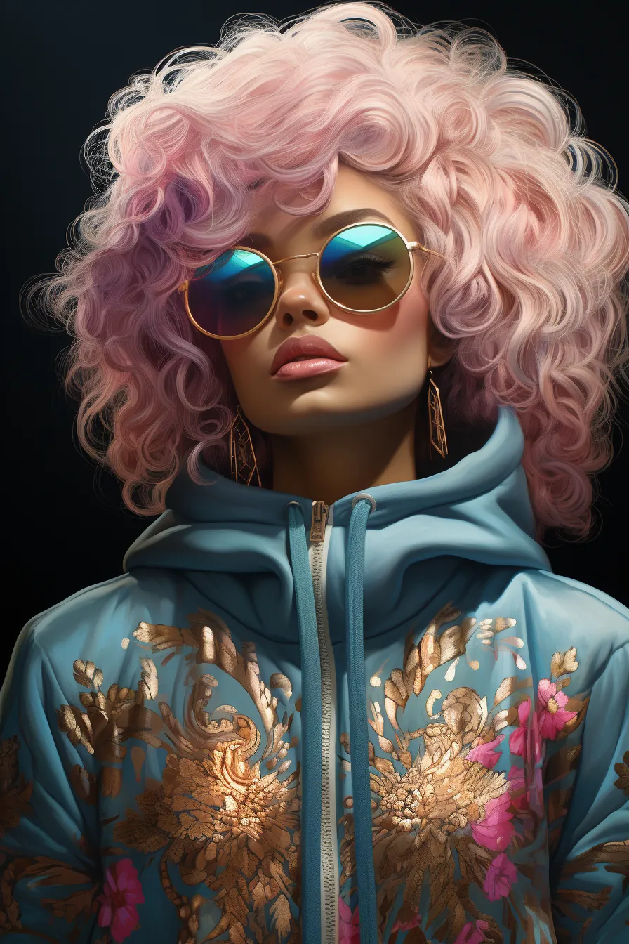 Pink curls editorial — rainbow aviators, embroidered jacket