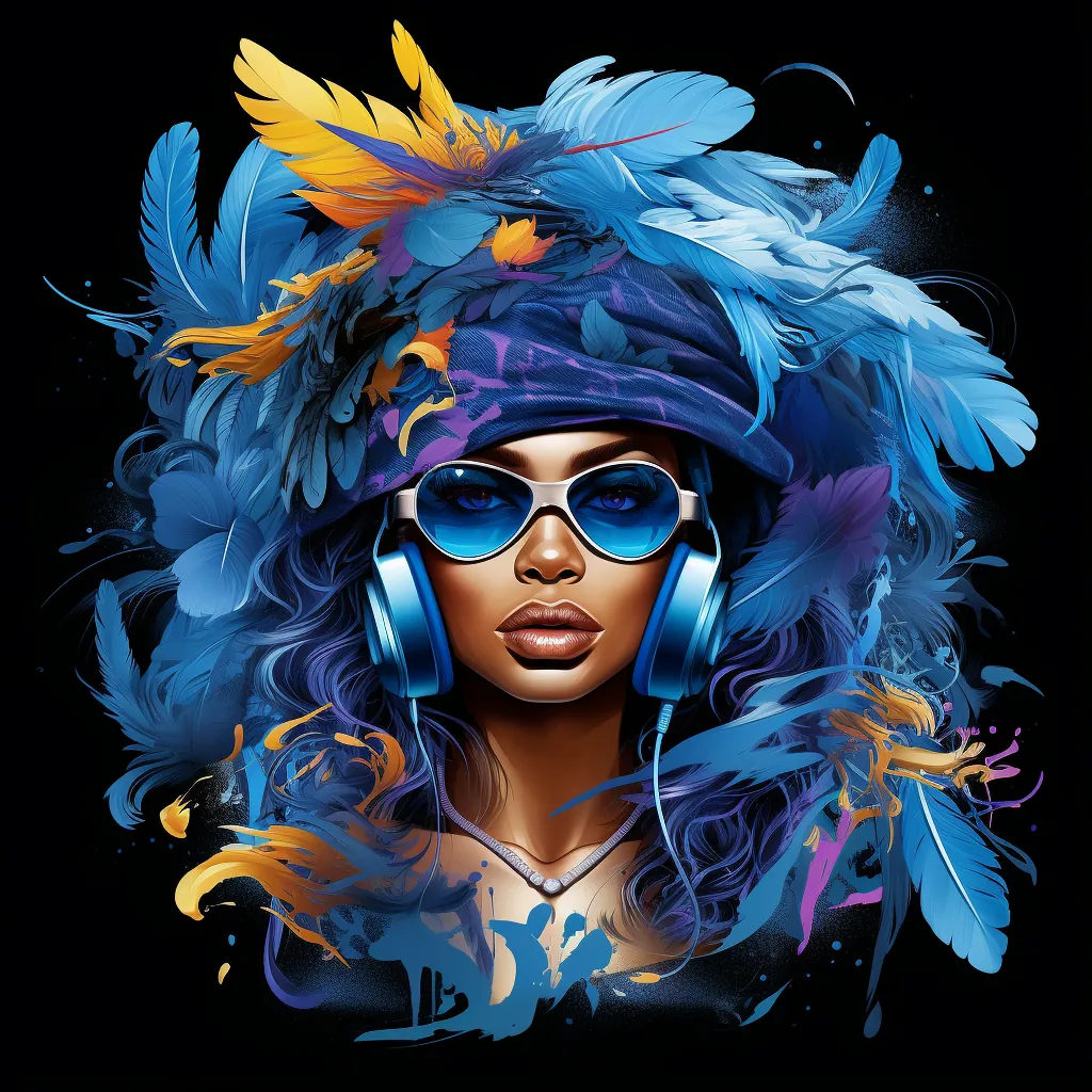 Street Mythology — blue feather halo, headphones, electric illustration