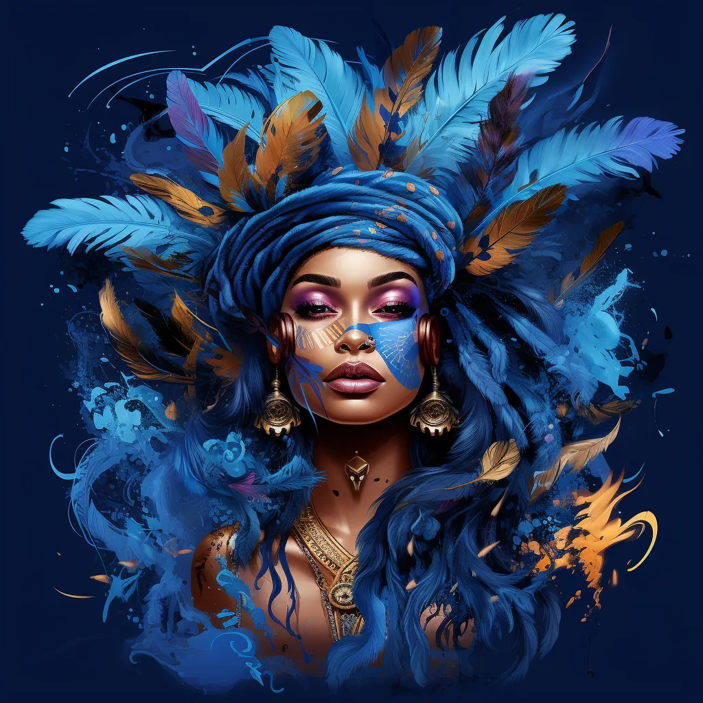 Hip-hop illustration — electric blue feathers, gold accent