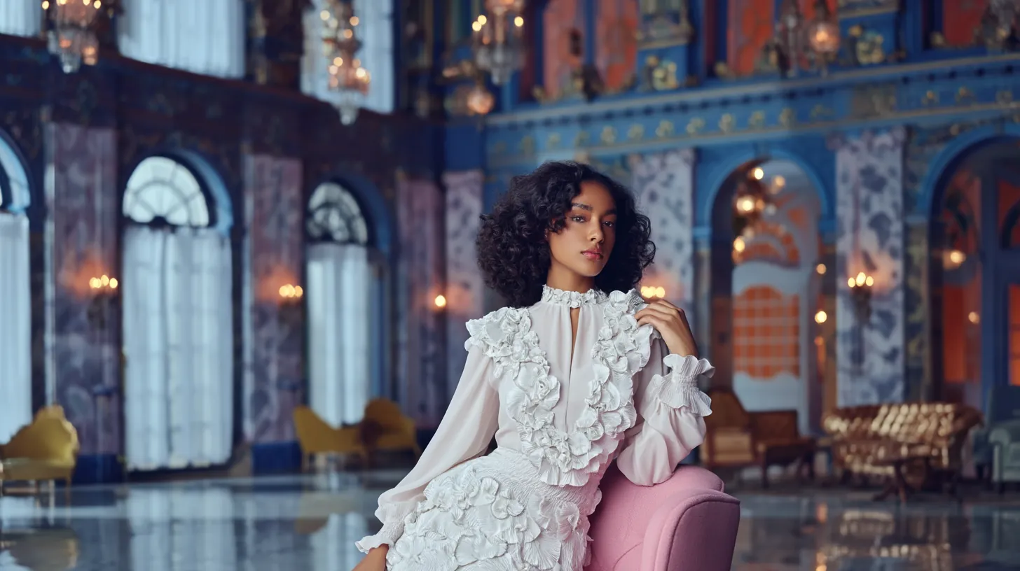 PLUSH editorial — figure in velvet salon, plush seating behind