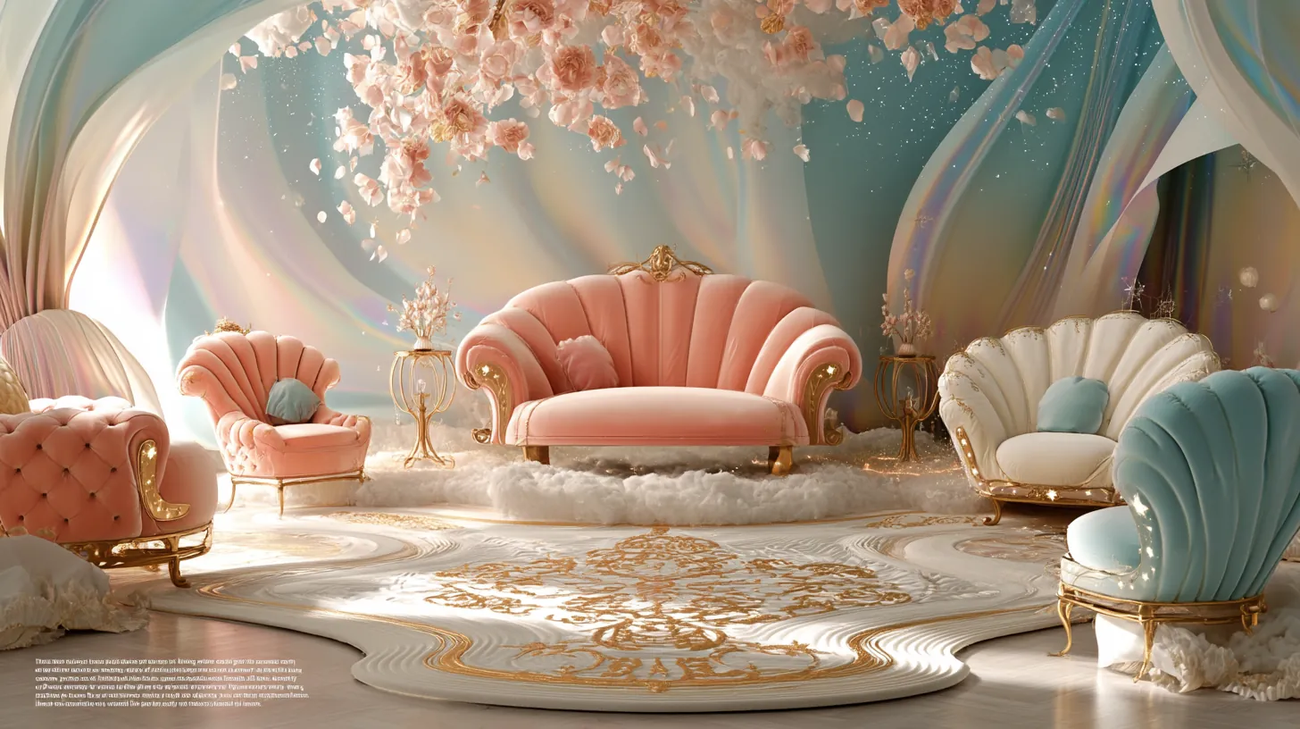 PLUSH archive — shell-sofa swirl room, curvilinear pastel interior