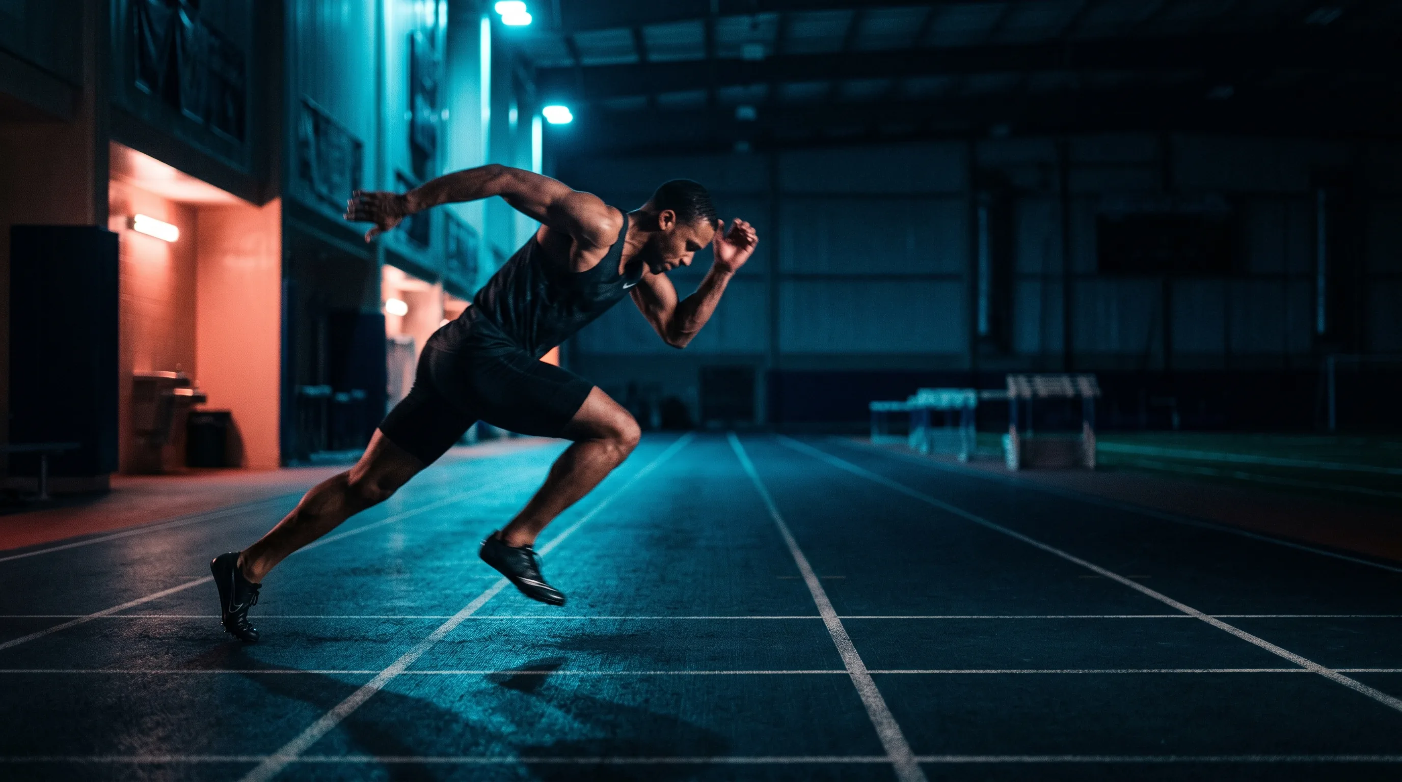 Male sprinter at max velocity — Marcus T., FLEXUS track and field program