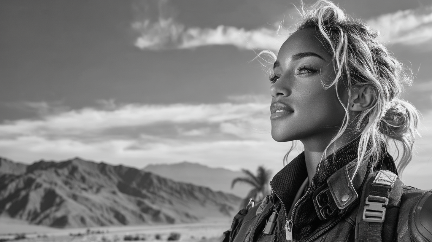 Black and white desert landscape with profile