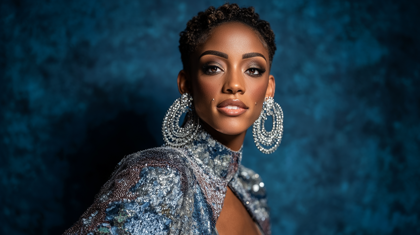 Portrait with jeweled earrings in deep blue field