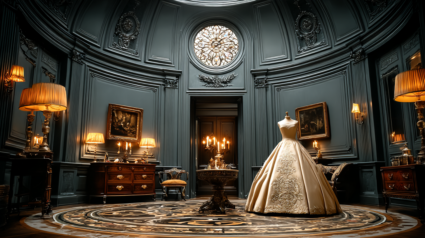 The salon — silk ballgown on mannequin in candlelit Parisian salon