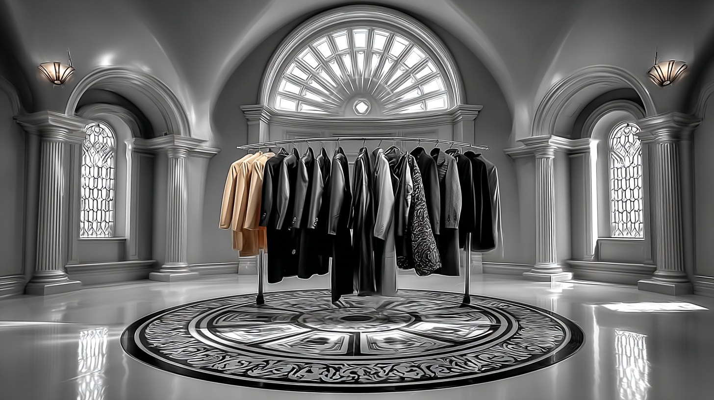 The rotunda — garments arranged in a neoclassical atelier space