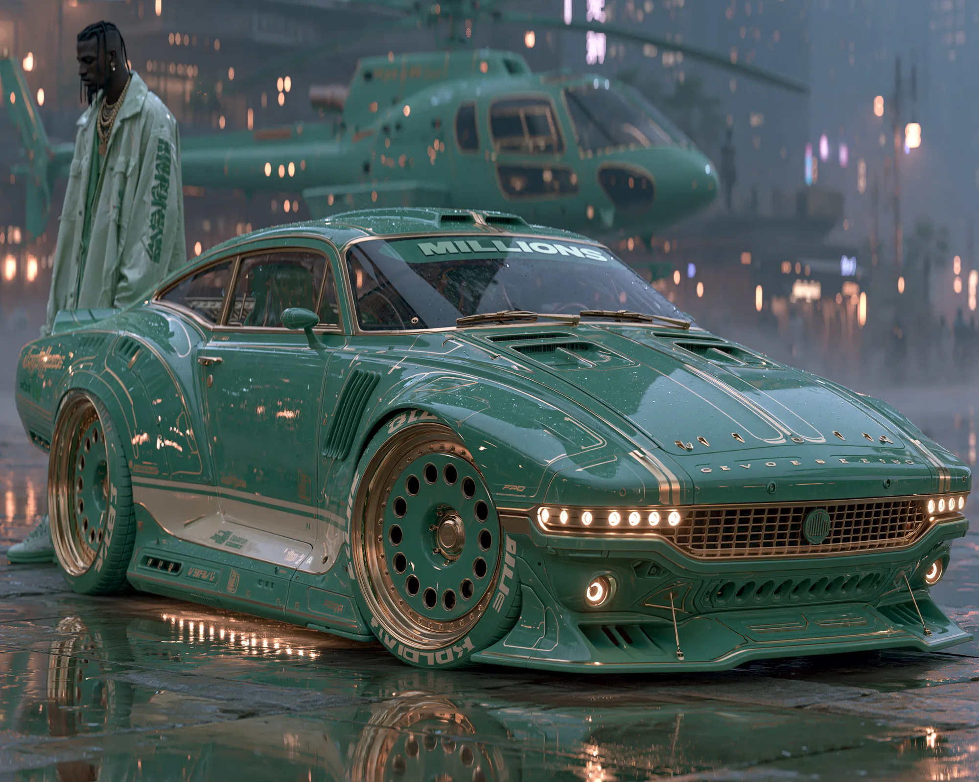 Mint MILLIONS custom car with the artist and a helicopter on a rain-lit night plaza