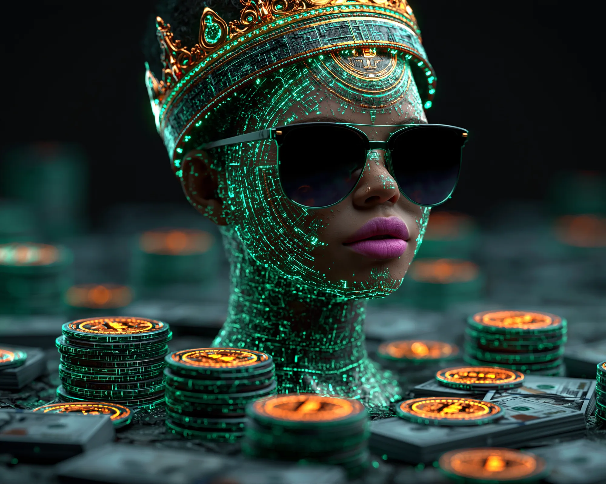 Young_AI™ — crowned circuit-skin bust over stacks of glowing circuit coins