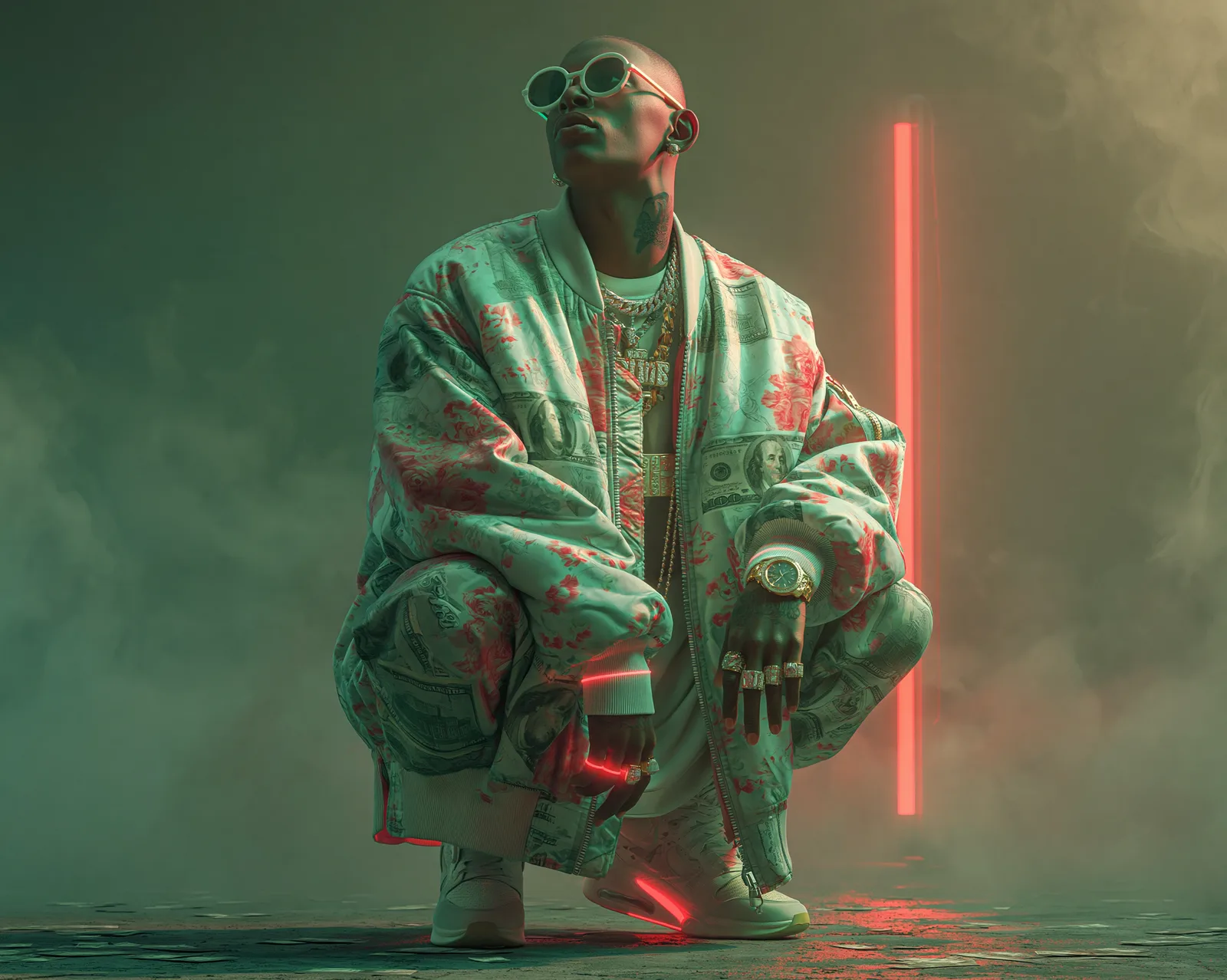 Young_AI™ — crouched, gold watch and rings, floral-money bomber