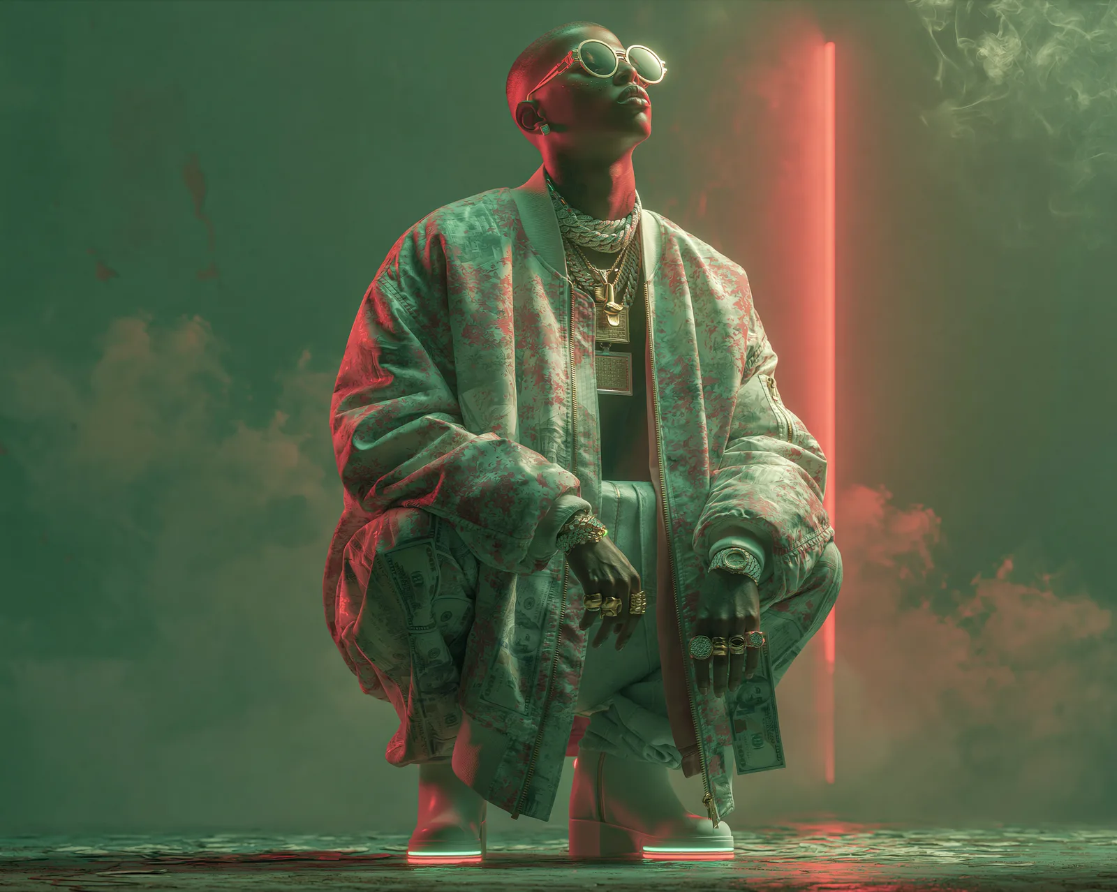 Young_AI™ — crouched in the floral-money bomber, smoke and red slab behind