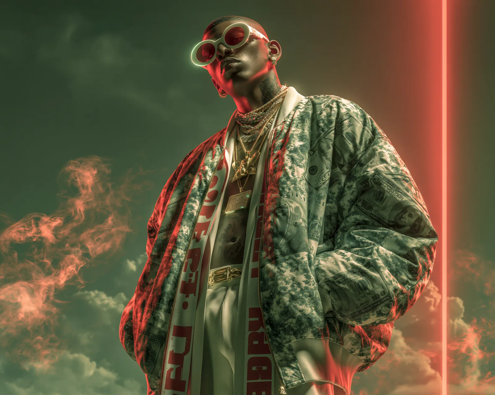 Young_AI™ — full-length in the money-toile bomber against a red-smoke sky, low hero angle