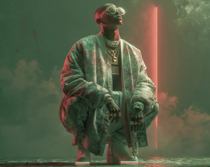 Young_AI™ — crowned circuit-skin artist in mint and gold light